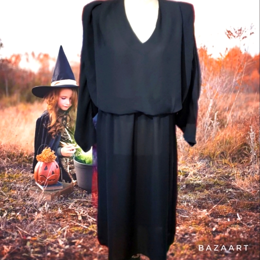 Vintage 80's Black Dress DIY Halloween Costume Witch/Cat Size M